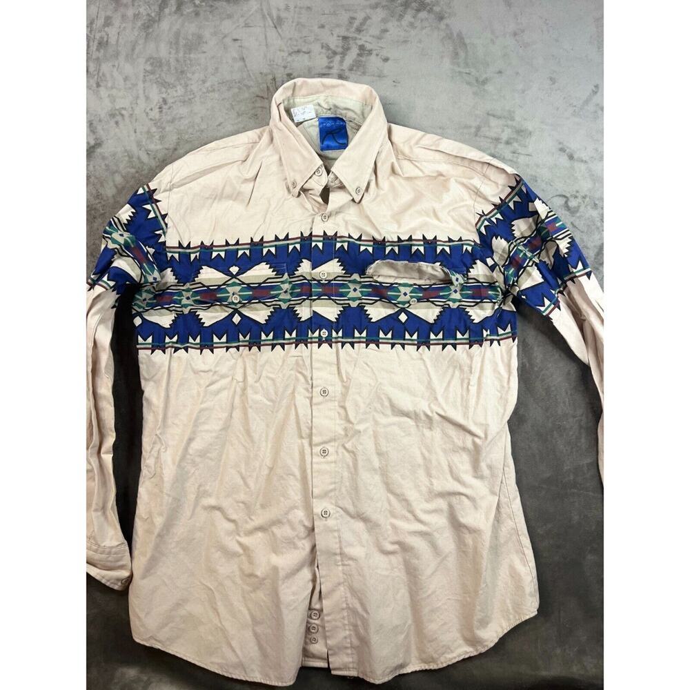 Roper‎ Western Shirt Mens L Button Faded Beige Aztec Southwestern Stripe